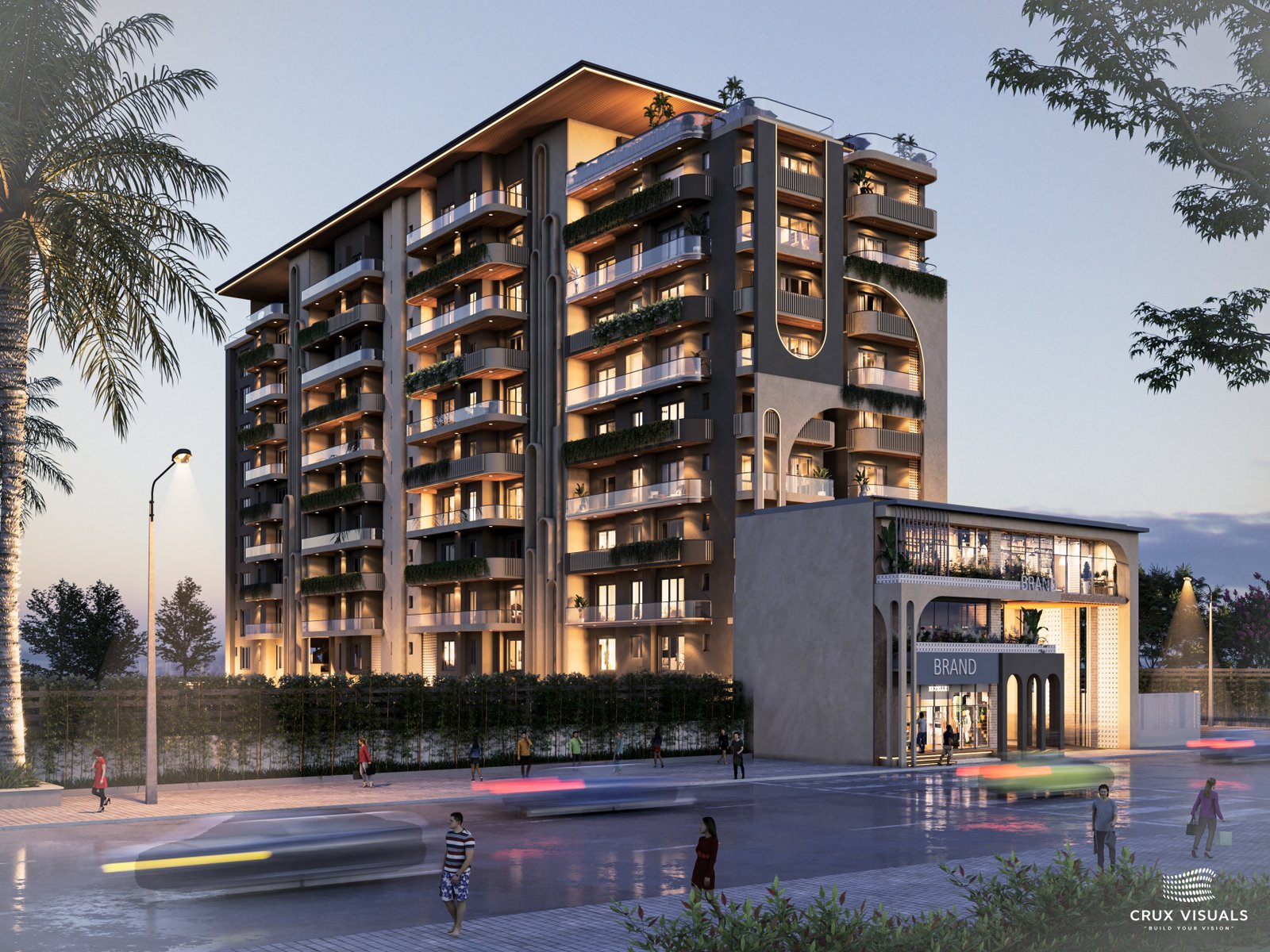 Apartment building at dusk
