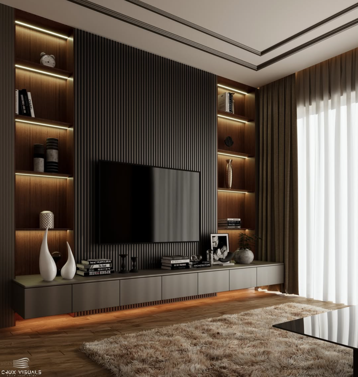 Luxury living room with dark timber media wall