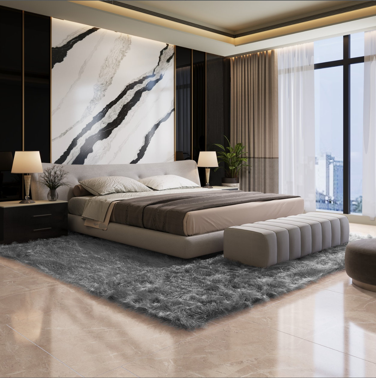 Luxury master bedroom with book-matched stone feature wall