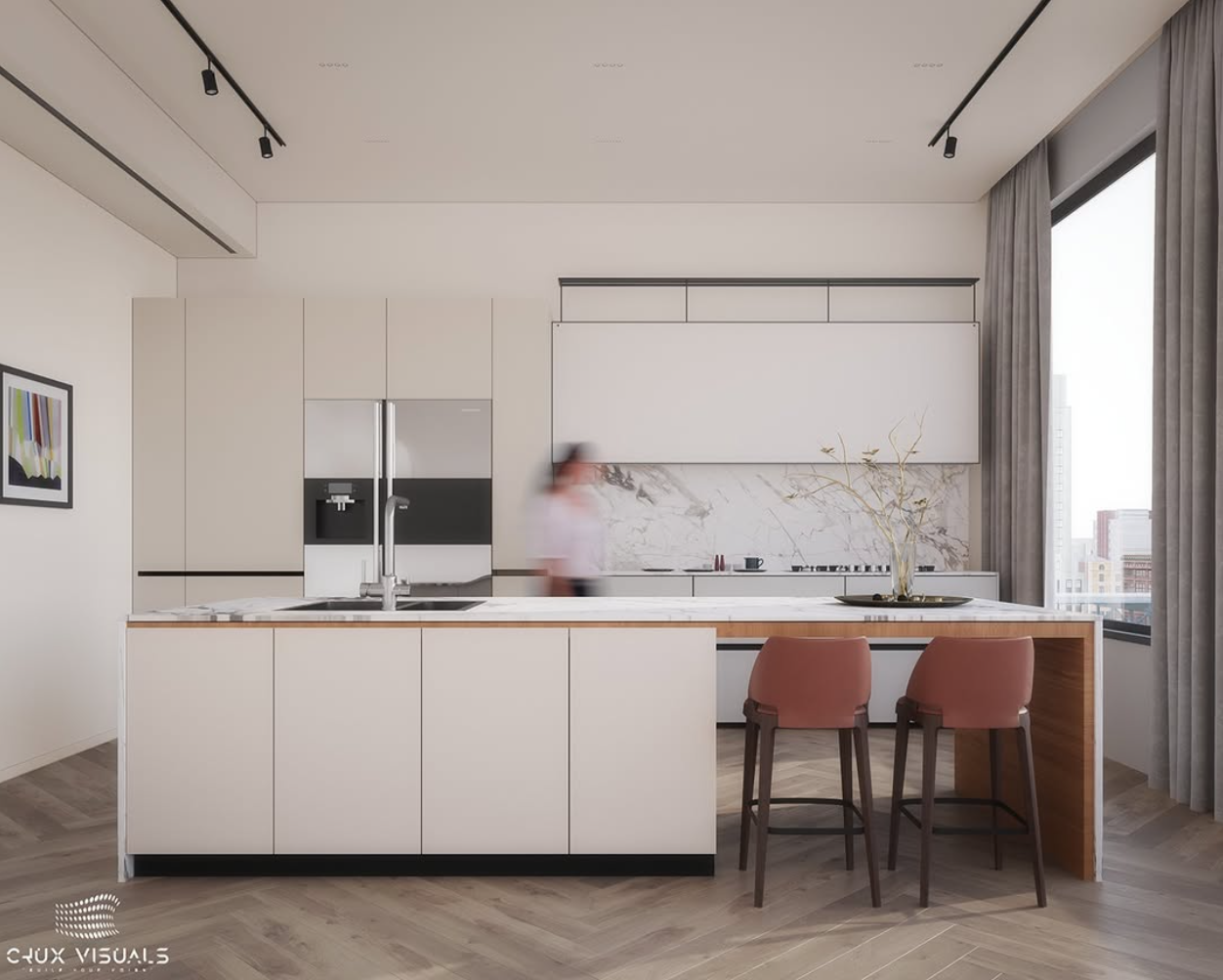 Modern minimalist kitchen with marble island