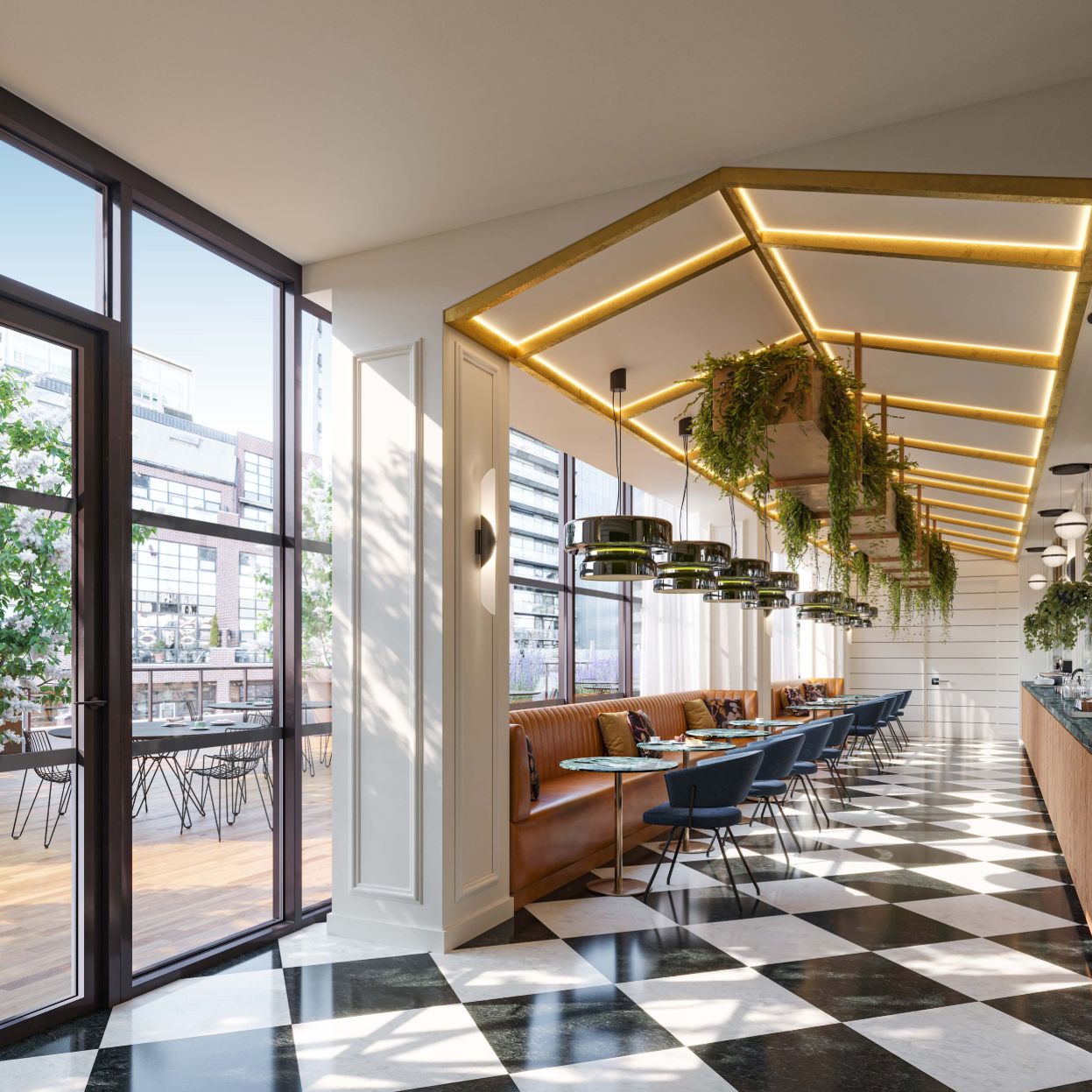 The Dining Room restaurant interior with banquette seating
