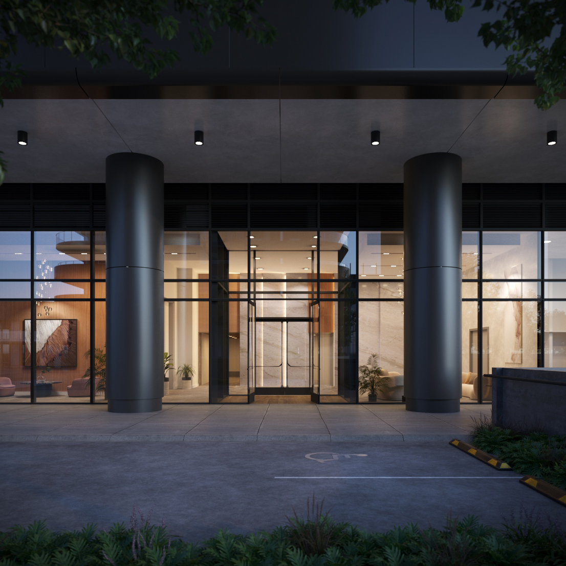Luxury hotel entrance and lobby at night